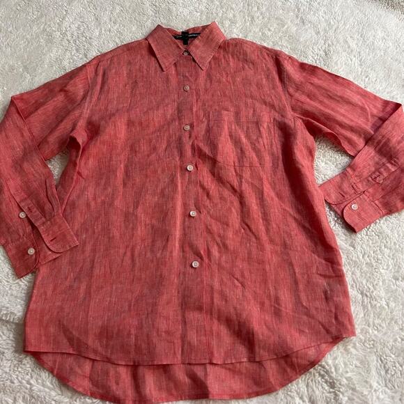Ellen Tracy Linen Women's Red Button Up Blouse Roll Tab Sleeve S Business Casual - Picture 2 of 7